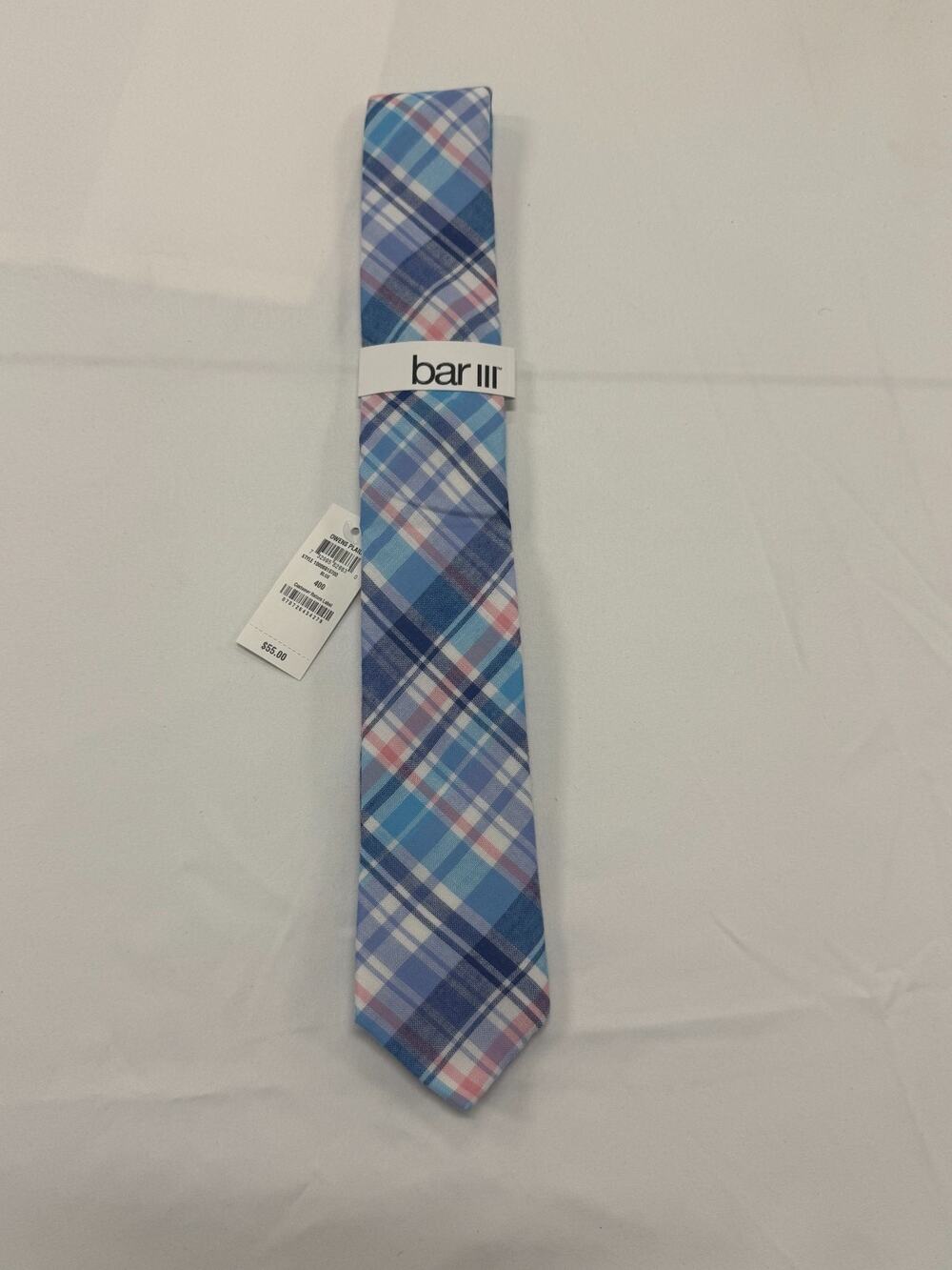 NWT Bar III Owens Plaid Slim Tie Blue Pink Plaid Men's Skinny Neck Tie Macy's $5